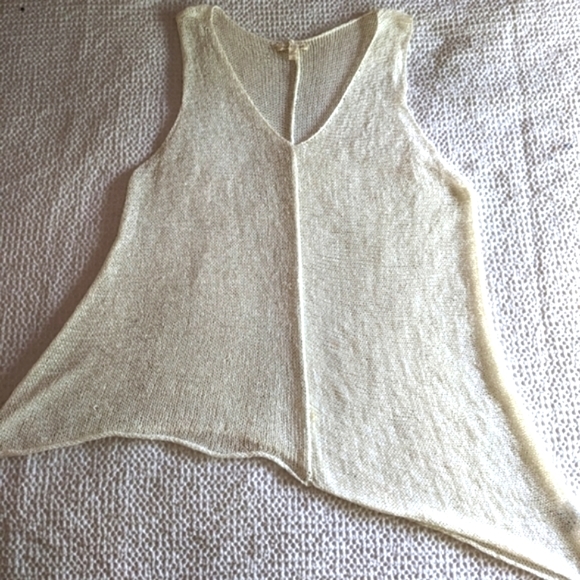 Eileen Fisher Cream Mesh V-neck Asymmetrical Top Size L - Picture 2 of 7